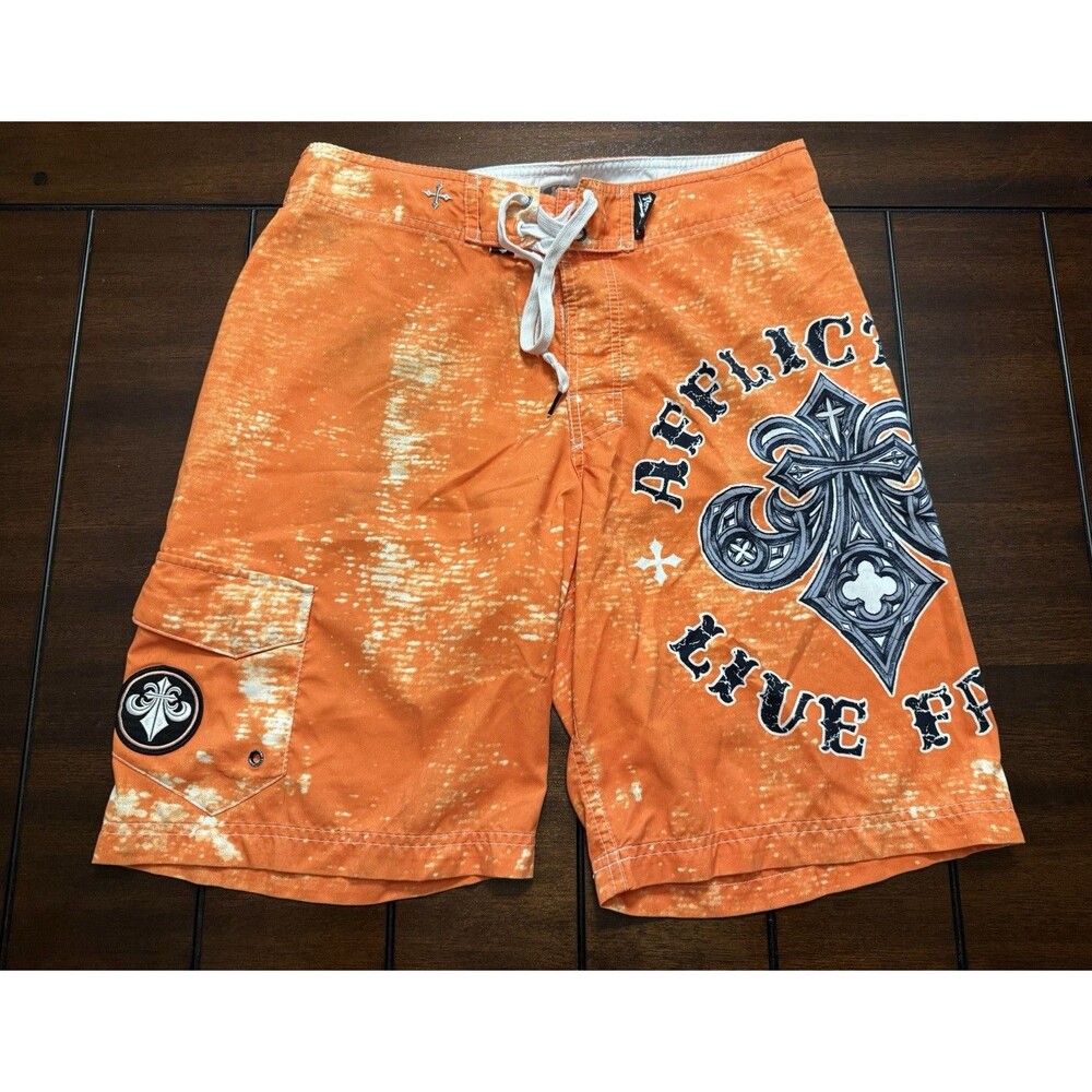 🔥Affliction Y2K Orange Board Shorts Swim Trunks Sz 32 Distressed Gothic Cross